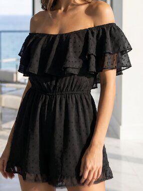 NWT LULU'S black Swiss dot romper off shoulders ruffles S